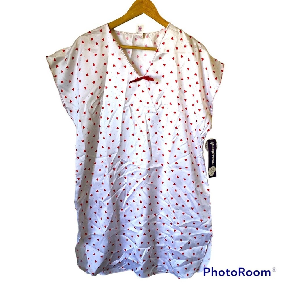 NWT Vintage Union Made Jennifer Dale Nightgown Hearts Bow White V-Neck Women’s L
